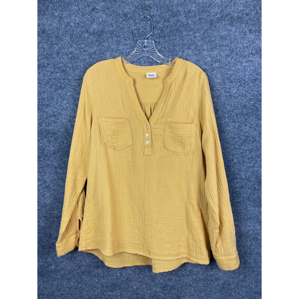 Mote Gauze Henley Blouse Women Large Yellow Excellent Long Sleeve Cotton Top